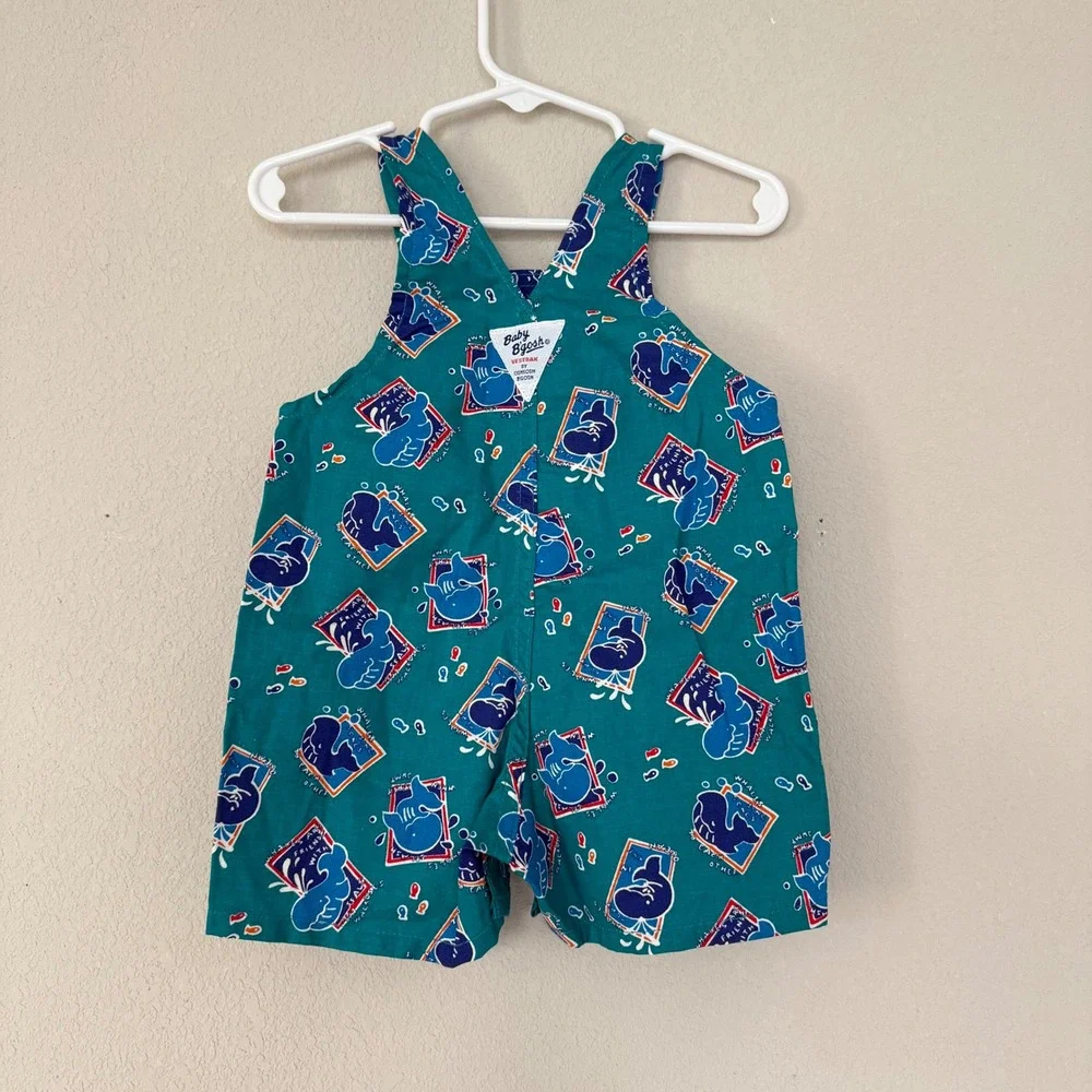 NWT OshKosh B'Gosh Whale Print Shortalls‎ Baby 3/6M Teal Vintage Overalls